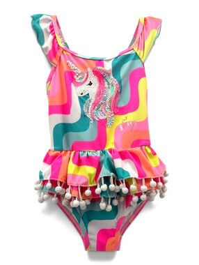 Betsey Johnson Toddler Girl's Unicorn Sequins PomPoms One Piece Swim Suit 2T